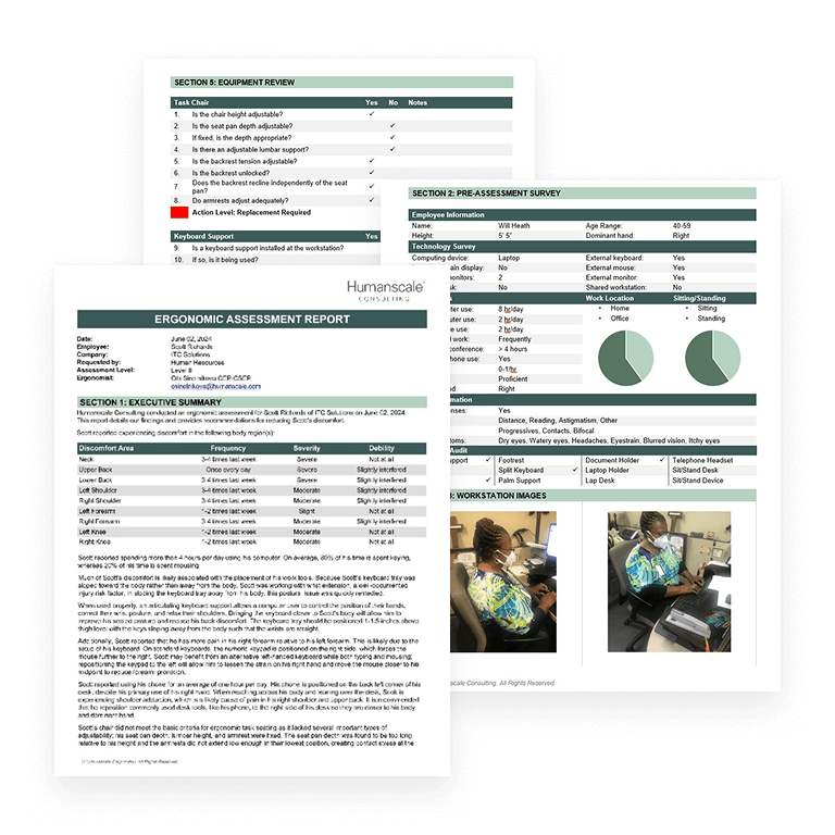 Sample ErgoIQ Pro ergonomic assessment report showing executive summary, equipment review, and workspace images